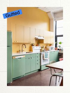 a kitchen with yellow walls and green cupboards on the wall is featured in an ad for gutted magazine