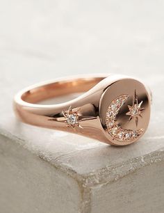 14kt gold and diamond star and moon signet ring - Luna Skye Moon Signet Ring, Engagement Necklaces, Diamond Signet Ring, Star And Moon, Choker Pendant, Coin Earrings, Diamond Star, Diamond Rings Bands, Moon Stars