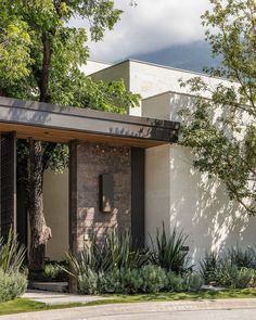 a house with trees and plants in front of it