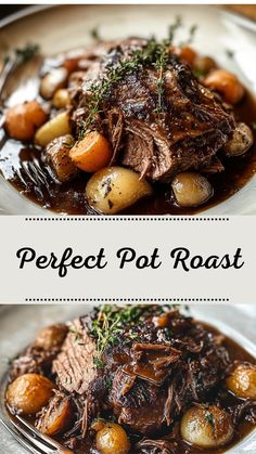 two pictures of beef and potatoes on a plate with the words perfect pot roast above it