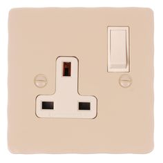 a white light switch with two black outlets