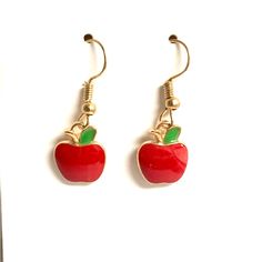 Pretty Little Red Apple Earrings Enameled On Golden Background. Perfect Small Gift For Your Favorite Teacher. Apple Jewelry, Future Bedroom, Apple Jack, Apple Earrings, Golden Background, Favorite Teacher, Red Earrings, Teacher Favorite Things, Small Gift