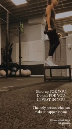 a man is jumping on a trampoline in an empty gym with the words show me for you do this for you invest in you