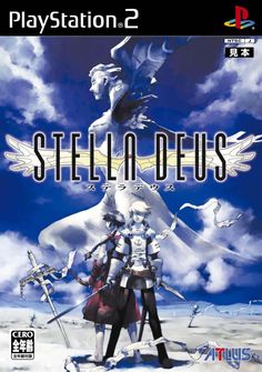 a video game cover for stellardeus, with two women standing in front of an angel