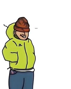 a drawing of a man in a yellow jacket and hat with his hands on his hips