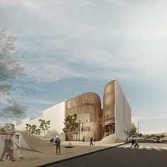 an artist's rendering of the exterior of a building with people walking around it