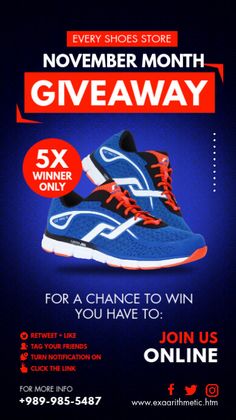 a pair of running shoes with the words, giveaway for a chance to win