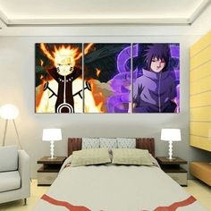 a bedroom with two anime paintings on the wall