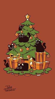 a christmas tree with cats around it