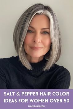 Silvery white hair with black highlights can look amazing on women over 50! If you need convincing that you can pull off the salt and pepper look, check out our compilation of over 40 gray hair ideas now! These hairstyles with classy gray and black blends, soft white streaks, and bold silver highlights are proof that anyone can look good wearing their grays. Click the pin to see all of them now! Silver Streaks In Dark Hair Going Gray, Foils In Grey Hair, Lowlights For White Hair Over 50, Pepper And Salt Hair, Blonde Highlights On Salt And Pepper Hair, Highlights For Salt And Pepper Hair, Salt N Pepper Hair Women, Shoulder Length Gray Hair Over 50, Highlights For Gray Hair Over 50