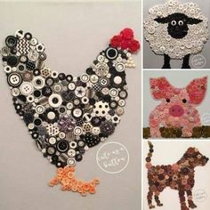 four pictures of different types of buttons in the shape of animals, sheep and pig