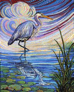 a bird standing on top of a body of water under a blue sky filled with stars