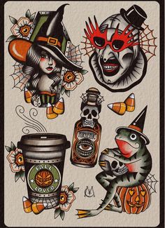 an image of halloween tattoos on the back of a card with witches and pumpkins