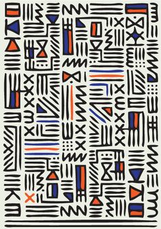 an art work with black and red lines, blue shapes, and orange dots on white paper