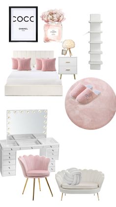 a bedroom with white furniture and pink accents