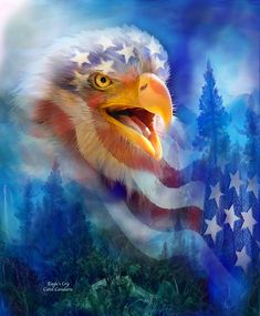 an eagle with the american flag on it's head is shown in this artistic photo