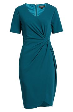 A soft crepe dress subscribes to the style theory that a single detail, like a simple side knot, can add infinite elegance to a staple look. 34 1/2" front length; 42 1/2" back length (size 8) Hidden back-zip closure V-neck Short sleeves Lined, except sleeves 96% polyester, 4% elastane Dry clean Imported Chic Dresses With Knot Detail For Work, Side Knot Dress, Style Theory, Teal Cocktail Dress, V Neck Cocktail Dress, Easy Sides, Knot Dress, Black Sheath Dress, Stretch Crepe