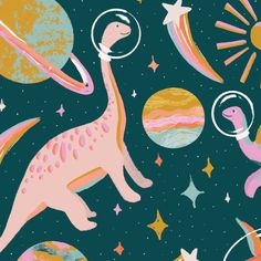 an image of dinosaurs and planets in the sky