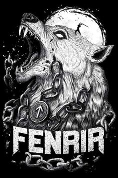 a black and white drawing of a dog with chains around it's neck, in front of the words fenrr