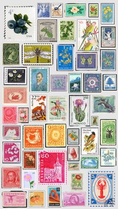 many different postage stamps are arranged on a white surface, including one with an image of birds and flowers