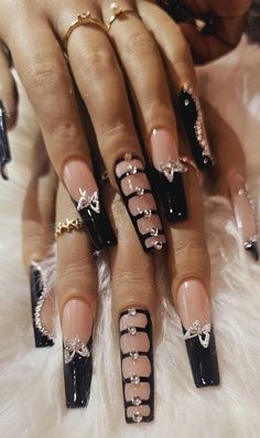 Black And Gold Nail Designs Coffin, Black With Silver Sparkle Nails, White Nails Snake Charm, Club Spade Heart Diamond Nails, Xxl Acrylic Press On Nails, Black Nails Birthday Set, Nail Art Designs Black And Silver, Black Tie Affair Nails, White French With Black Line