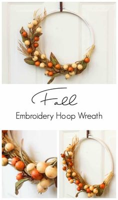 an image of a wreath made out of fake gourds and pumpkins with text overlay that says free embroidery hoop wreath