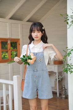 Overall Cute Outfits, Kawaii Overalls Outfit, Denim Blue Overalls With Buttons For Spring, Spring Denim Blue Overalls With Buttons, Denim Blue Buttoned Overalls For Spring, Casual Shortalls With Buttons For Spring, Casual Spring Shortalls With Buttons, Spring Buttoned Overall Shortalls, Spring Overalls With Bib Front And Buttons