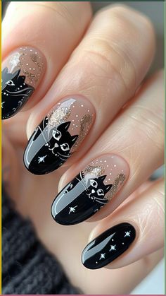 Pounce into Halloween with Black Cat Nails that add a touch of feline mystique to your look! These sleek and spooky designs are perfect for a stylishly eerie manicure. Click to explore more and follow us for more bewitching nail inspirations! #BlackCatNails #HalloweenNails #SpookyNails #NailArt #ManicureInspo Cat Nails Halloween, Cat Nails Art, Nail Line Art, Black Cat Nail Art, Black Cat Nails, Geeky Nails, Zombie Nails, Candy Corn Nails, Bow Nail Designs