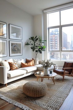 a living room with couches, chairs and pictures hanging on the wall above them