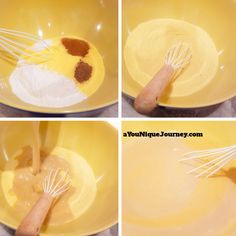 four pictures showing how to make batter in a yellow bowl with whisk attachments