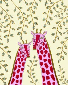 two giraffes standing next to each other in front of leaves and branches