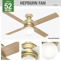 the ceiling fan is shown with light bulbs and wood blades on each side, along with instructions for how to use it