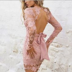 Sexy Backless Long Sleeve V Neck Lace Dress on Storenvy Pink Lace Backless Dress, Pink Fitted Backless Mini Dress, Backless Lace Bodycon Dress, Feminine Fitted Mini Backless Dress, Feminine Fitted Backless Mini Dress, Fitted Feminine Mini Backless Dress, Pink Fitted Long Sleeve Lace Dress, Elegant Pink Mini Length Lace Dress, Elegant Pink Backless Mini Dress