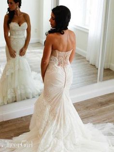 two pictures of a woman in a wedding dress looking at her reflection in the mirror