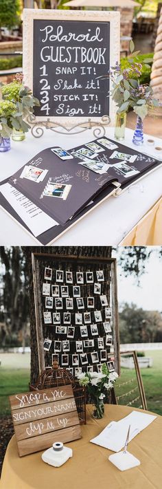 the table is set up for an outdoor wedding with menus and place cards on it