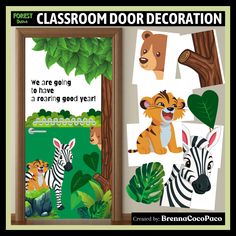 an open book with pictures of different animals and trees on the cover, which reads classroom door decoration we are going to have a learning good year