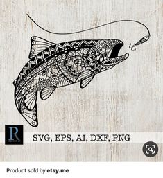 an image of a fish with patterns on it's body and the words svg, eps, ail, dxf, png