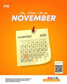 a calendar with the word november written on it and pinned to a sticky note paper