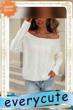 White Knitted Off The Shoulder Pullover Sweater White Cable Knit Top For Fall, White Cable Knit Top For Winter, Casual Knitted Tops In Winter White, White Cable Knit Sweater For Fall, Winter Sweaters, Pullover Sweater, Pullover Sweaters, Sweaters & Cardigans, Off The Shoulder