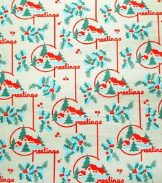 an image of christmas fabric with trees and snowflakes on it, in red and blue