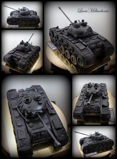 a cake made to look like a tank with multiple pictures of it's front and back sides