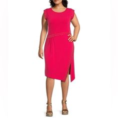 Michael Michael Kors Plus Size Matte Jersey Crew Neck Sleeveless Astor Studded Front Slit Sheath Dress Size: 2x Color: “Deep Pink” Pinkish Red Condition: New With Tags, However There Are Some Indents In The Fabric Along The Bottom (Circled In Photo). Seems Like It’s From The Studs Where The Dress Was Folded. Fabric Content: Polyester, Elastane From Michael Michael Kors Plus, This Dress Features: Lux Eco Matte Jersey Fabrication Sheath Silhouette Crew Neckline Sleeveless Studded Side Slit Pull-On Folded Fabric, Pinkish Red, Michael Kors Dresses, Deep Pink, Asymmetrical Dress, Pink Red, Sheath Dress, Crew Neckline, Red Dress