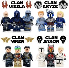 six lego star wars action figures are shown in this image, with the names written below them