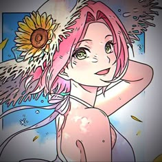 a girl with pink hair and sunflowers on her head