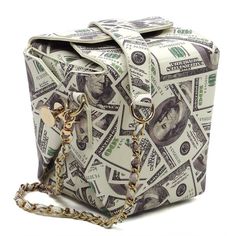 Lucky 100 Dollar Bills Takeout Box Chain Bag Smooth Textured PU Leather Magnetic snap closure Detachable shoulder strap L 5.3 * H 5.6 * W 4.3 Rectangular Bucket Bag With Chain Strap, Rectangular Travel Bucket Bag With Chain Strap, Rectangular Bag With Snap Closure As Gift, Formal Rectangular Bucket Bag With Chain Strap, 100 Dollar Bill, Christmas Tree Pillow, Air Pillow, Dollar Bills, 100 Dollar