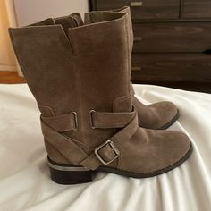 Never Worn Vince Camuto Boots, Brown/Grey With Silver Hardware, Zipper Closure Silver Boots For Fall, Medium Width, Silver Boots With Medium Width For Fall, Silver Boots Medium Width For Fall, Silver Boots With Buckle Closure And Round Toe, Silver Boots With Buckle Closure For Fall, Casual Silver Boots For Fall, Silver Suede Round Toe Boots, Silver Suede Boots With Round Toe, Silver Almond Toe Boots For Fall