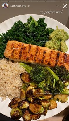 a white plate topped with broccoli, rice and meat next to other foods