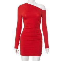 Please refer to our sizing chart for a guideline when choosing a size. 5 business days order processing time. 90% polyester 10% spandex Stretch One-shoulder Dress With Ruched Asymmetrical Neckline, Ruched One Shoulder Bodycon Mini Dress, Ruched Bodycon One Shoulder Mini Dress, Ruched One-shoulder Bodycon Mini Dress, Asymmetrical Bodycon Mini Dress With Ruched Detail, One Shoulder Mini Dress For Date Night, Solid One Shoulder Bodycon Dress For Night Out, Ruched Mini Off-shoulder Dress, Ruched One Shoulder Stretch Dress For Date Night