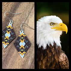 an eagle is shown next to some beadwork designs on earwires and earrings