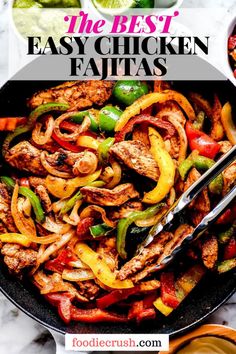 The BEST Easy Chicken Fajitas | foodiecrush.com Image shows a closeup overhead shot of a cast-iron skillet with chicken fajitas (showing slices of yellow, green, and red bell peppers and chicken in a fajita seasoning mix, with a pair of silver tongs shown in the skillet and limes and guacamole in the background Beef And Chicken Fajitas, Clean Eating Fajitas, Fajita Chicken Salad Recipe, Homemade Chicken Fajita Seasoning Recipe, Fajita Seasoning Recipes, Best Chicken Fajita Recipe Skillet, Easy Chicken Fajita Seasoning Recipe, Chicken Fajita Appetizers, Quick Chicken Fajitas